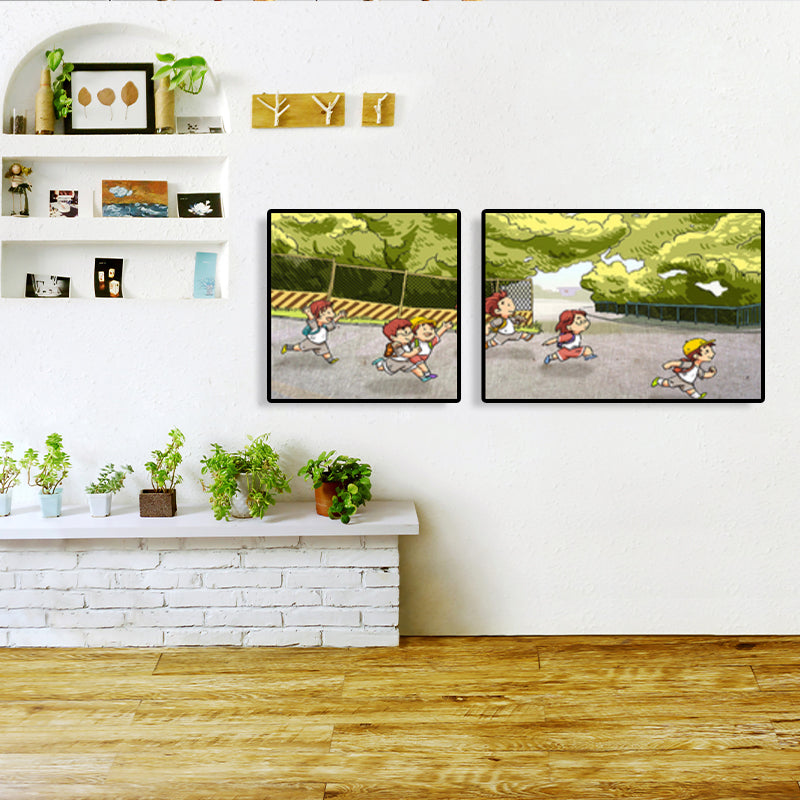 Painting Outings Canvas Print Cartoon Multi-Piece Wall Art in Soft Color for Kids Room