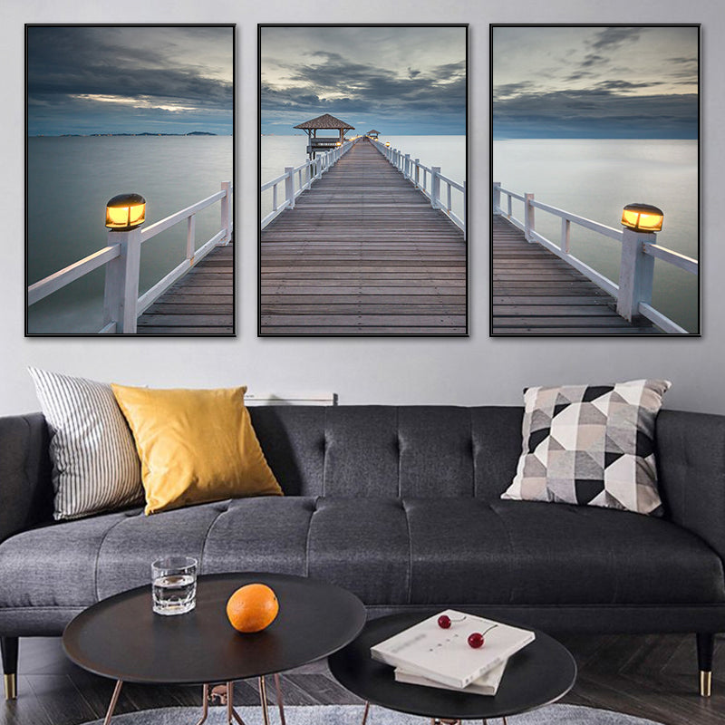 Seaside Bridge Scene Art Print Modern Canvas Multi-Piece Painting in Soft Color, Set of Three