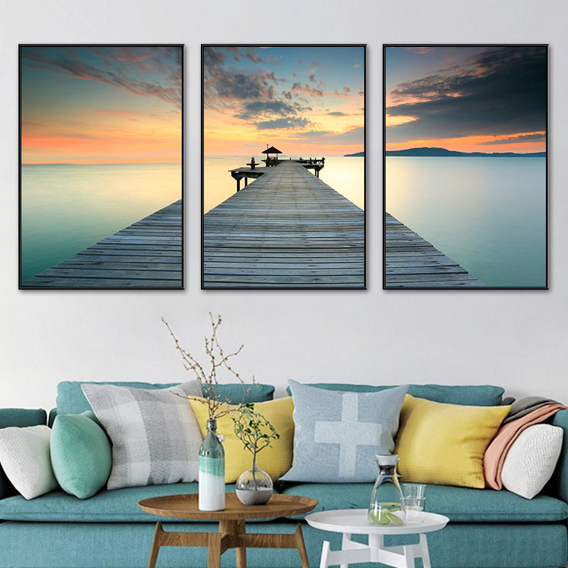 Seaside Bridge Scene Art Print Modern Canvas Multi-Piece Painting in Soft Color, Set of Three