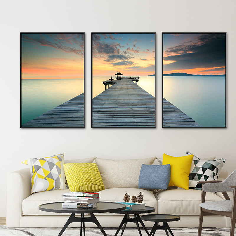 Seaside Bridge Scene Art Print Modern Canvas Multi-Piece Painting in Soft Color, Set of Three
