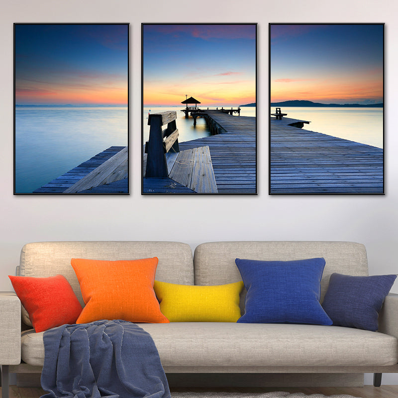 Seaside Bridge Scene Art Print Modern Canvas Multi-Piece Painting in Soft Color, Set of Three