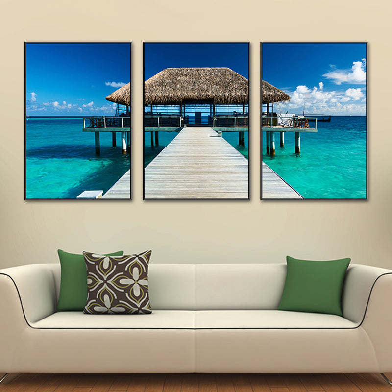 Seaside Bridge Scene Art Print Modern Canvas Multi-Piece Painting in Soft Color, Set of Three