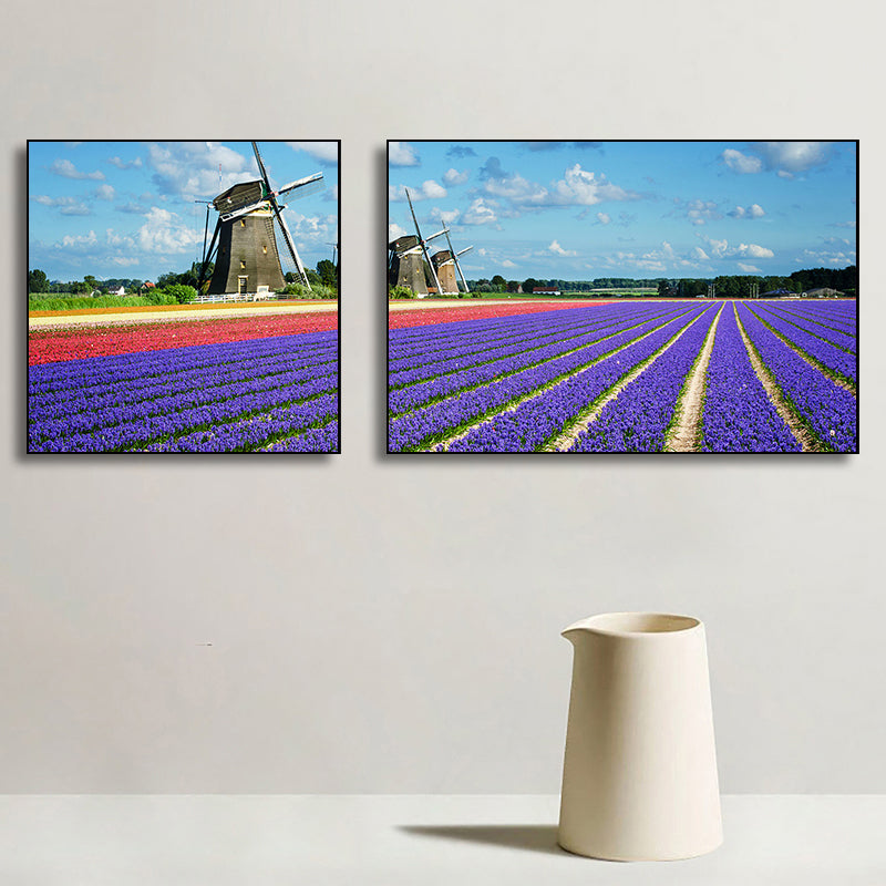 Lavender Field Wall Art Modern Enticing Nature Scenery Canvas Print in Purple for Room