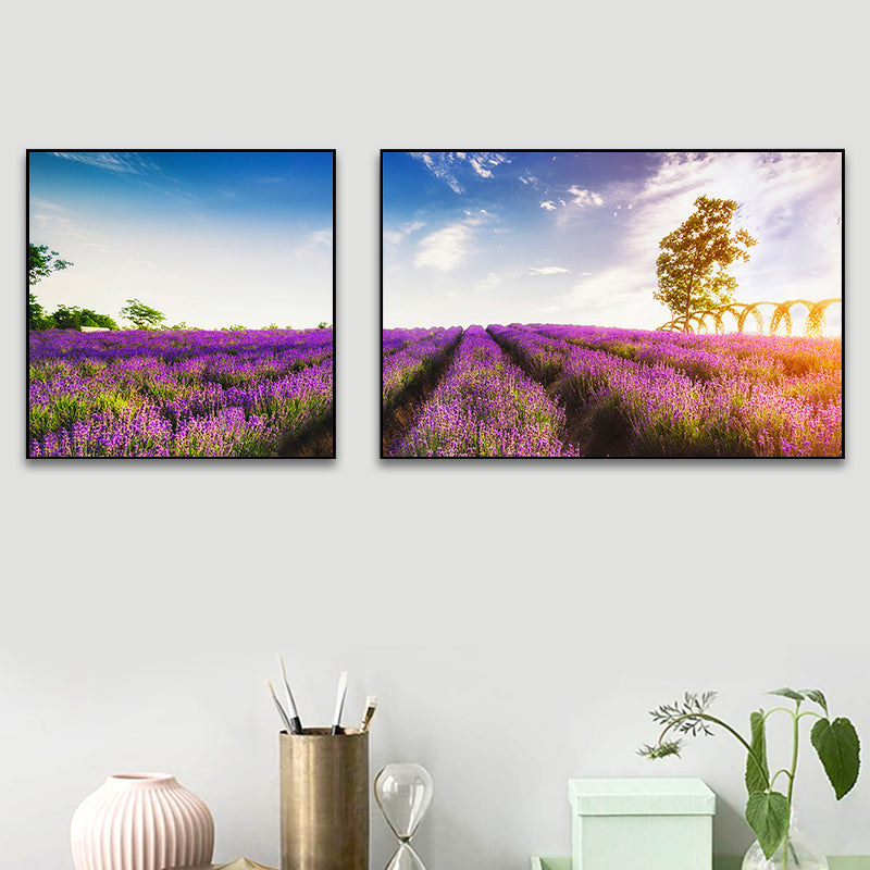 Lavender Field Wall Art Modern Enticing Nature Scenery Canvas Print in Purple for Room