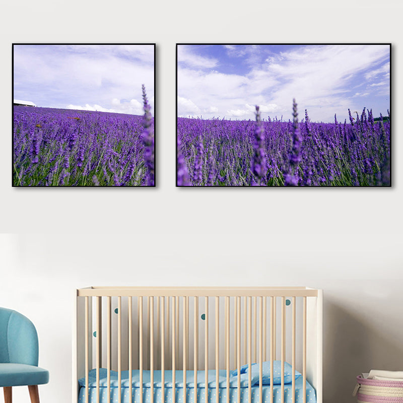 Lavender Field Wall Art Modern Enticing Nature Scenery Canvas Print in Purple for Room