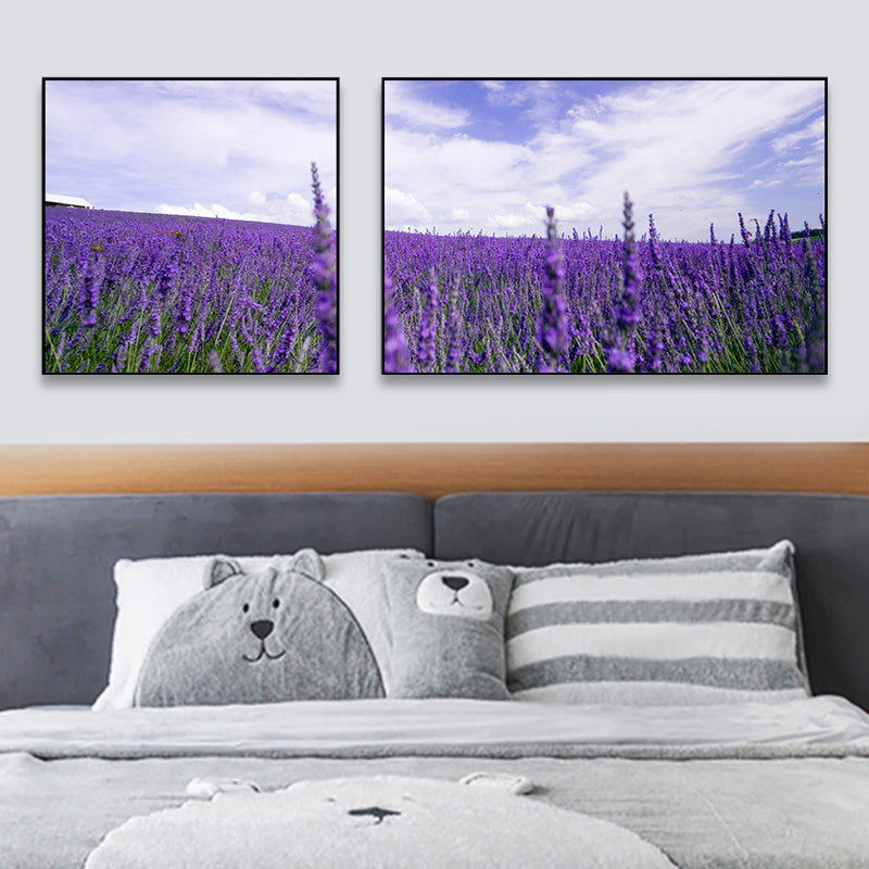 Lavender Field Wall Art Modern Enticing Nature Scenery Canvas Print in Purple for Room