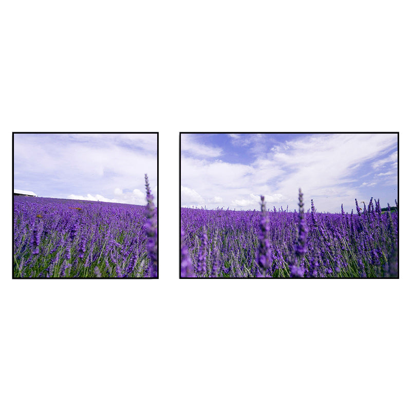 Lavender Field Wall Art Modern Enticing Nature Scenery Canvas Print in Purple for Room