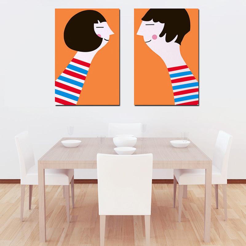 Canvas Textured Art Print Cartoon Figure Drawing Wall Decor in Orange for Living Room