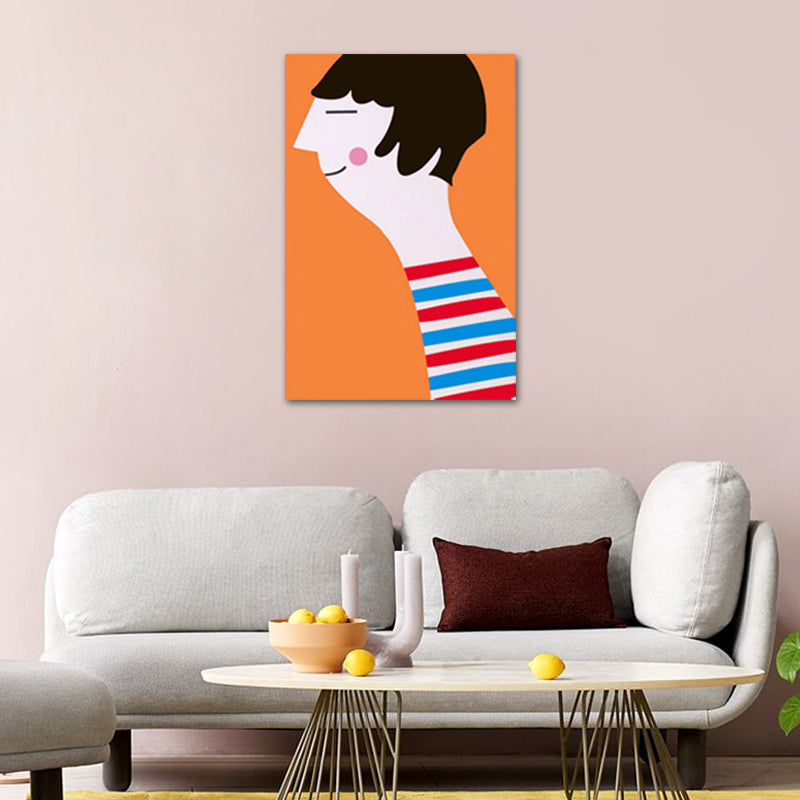 Canvas Textured Art Print Cartoon Figure Drawing Wall Decor in Orange for Living Room