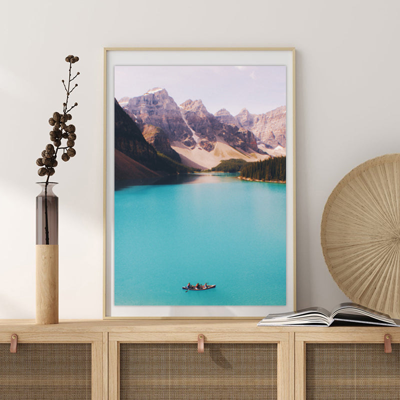 Mountain Lake Nature Scenery Art Print Textured Modern House Interior Wall Decor in Blue