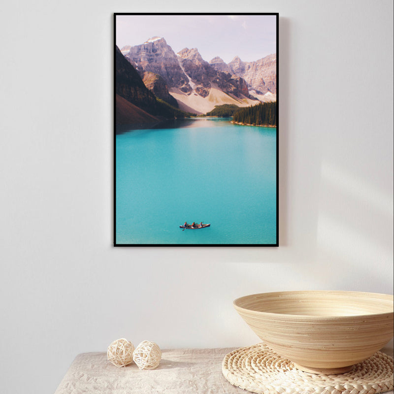 Mountain Lake Nature Scenery Art Print Textured Modern House Interior Wall Decor in Blue