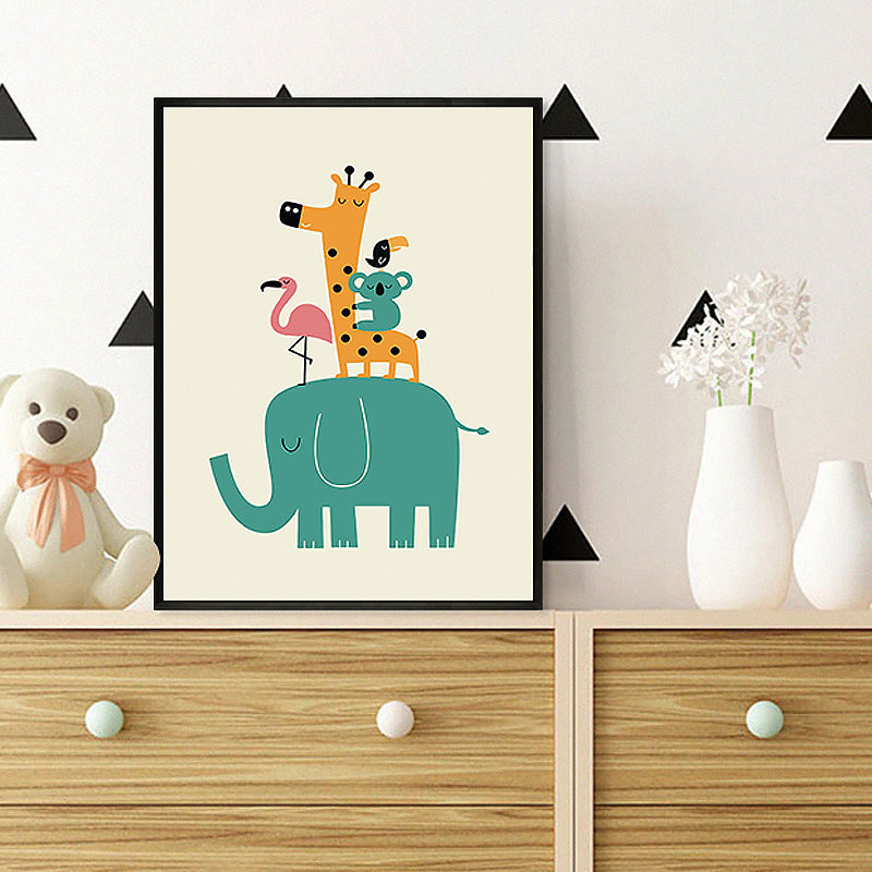 Drawing Print Animal Canvas Art Pastel Color Cartoon Wall Decor for Kids Bedroom