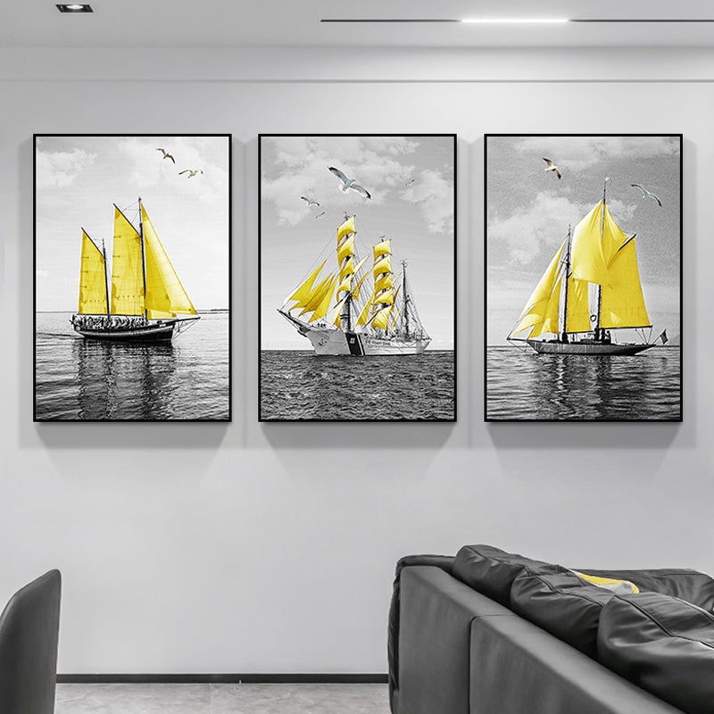 Sea Sailing Ships Wall Art Living Room Scenery Canvas Print in Yellow-Grey, Set of 3