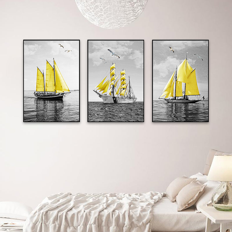 Sea Sailing Ships Wall Art Living Room Scenery Canvas Print in Yellow-Grey, Set of 3