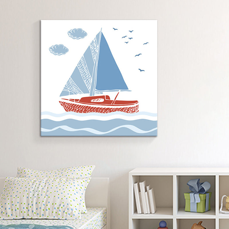 Cartoon Sailboat Wall Art Print Boys Bedroom Canvas in Blue, Multiple Sizes Available