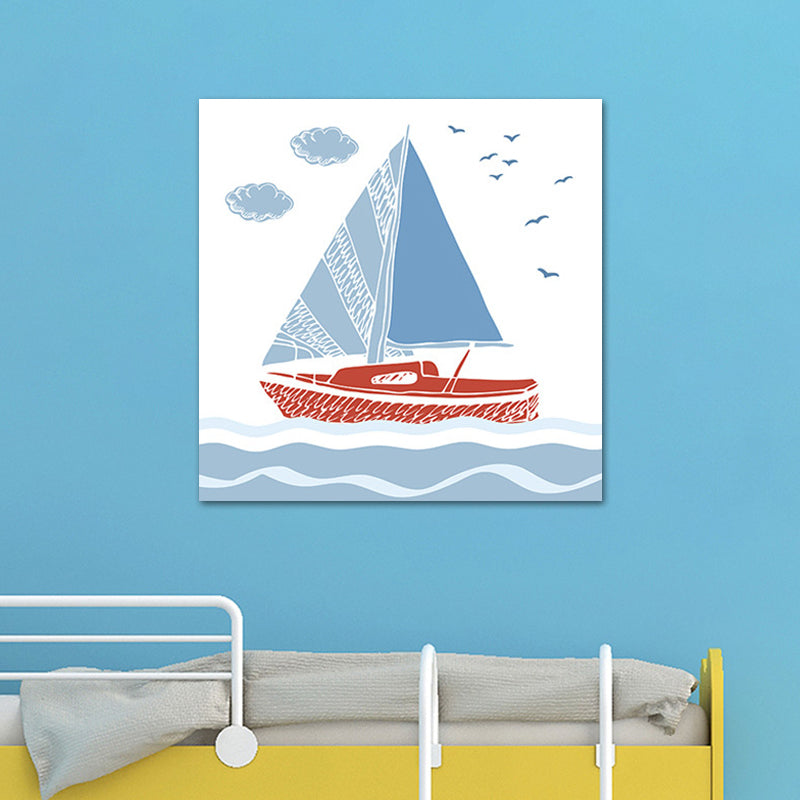 Cartoon Sailboat Wall Art Print Boys Bedroom Canvas in Blue, Multiple Sizes Available