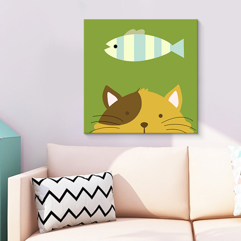 Soft Color Cartoon Canvas Print Illustration Animal and Food Wall Art for Nursery