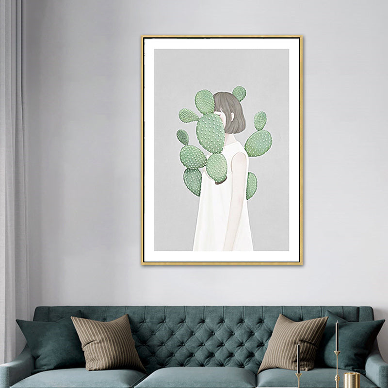 Green Cactus Girl Canvas Art Figure Drawing Kids Style Textured Wall Decor for Room