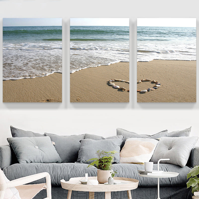 Sea Wave and Beach Art Print Tropical Multi-Piece Family Room Canvas in Brown-Blue
