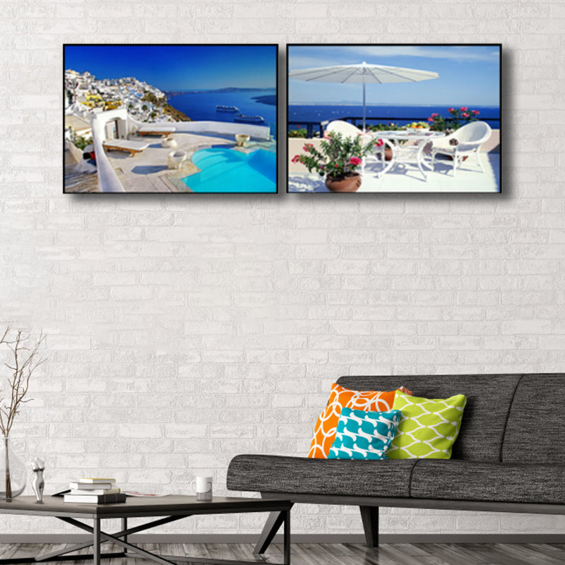 Terrace with Sea View Canvas Bedroom Photo Seascape Wall Art Print in Blue, Set of 2