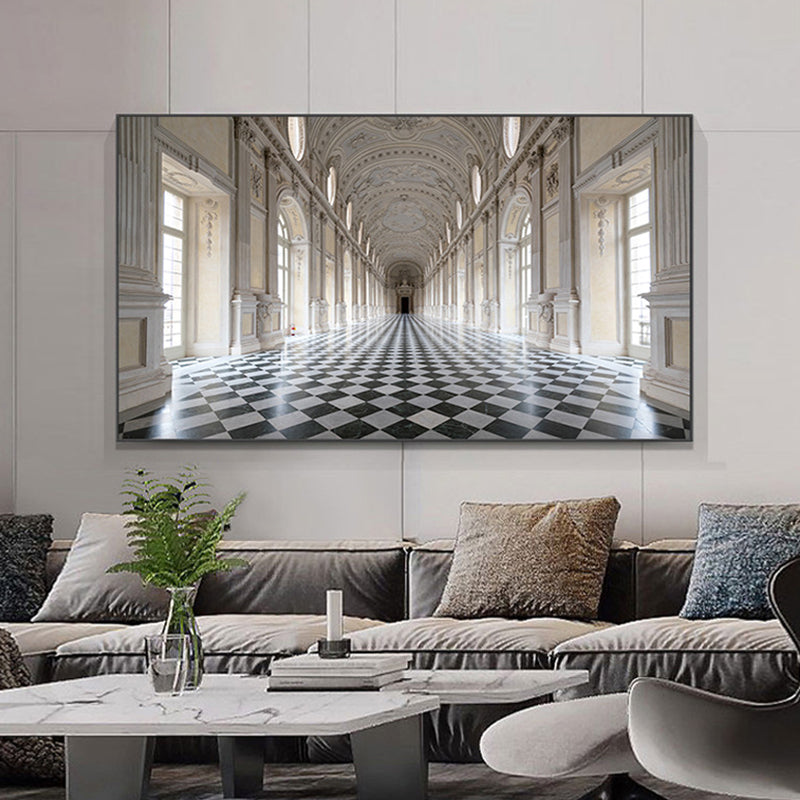 Grand Hall Building View Painting Brown Contemporary Wall Art Print for Dining Room