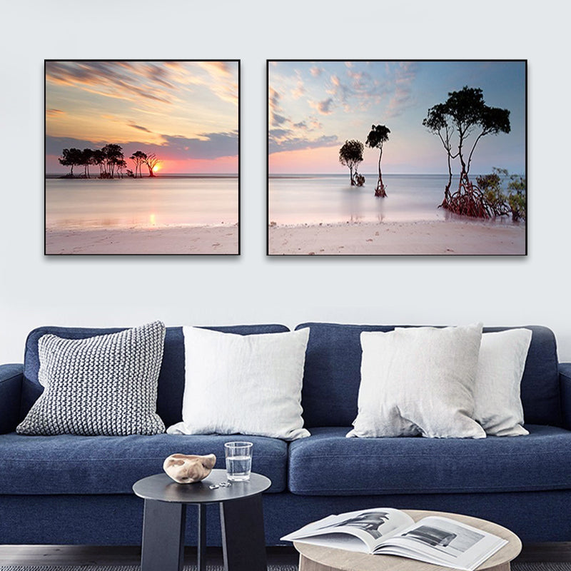 Toile de paysage de mer au coucher du soleil, décoration murale tropicale multi-pièces de couleur pastel pour la maison