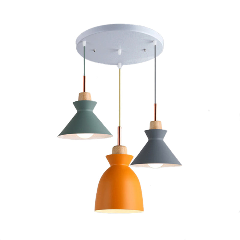 Multi-Color Cone and Dome Hanging Lighting Modern 3 Lights Metal Pendant Ceiling Light with Linear/Round Canopy