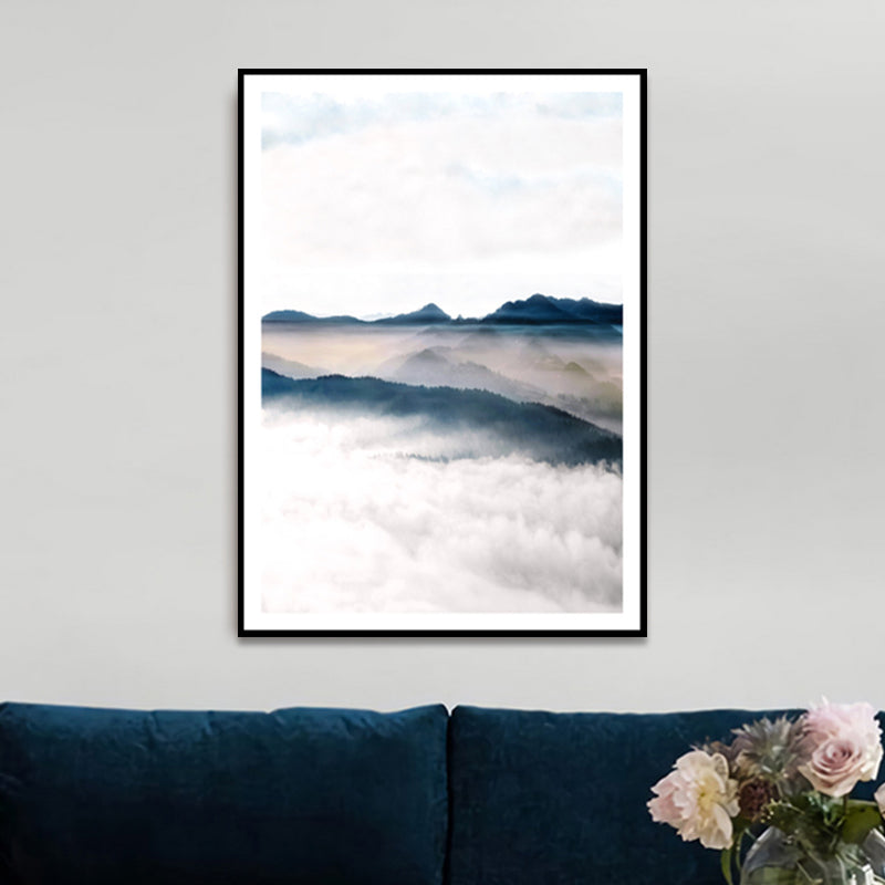 Modern Scenery Foggy Mountain Canvas Print White Textured Wall Art for Living Room