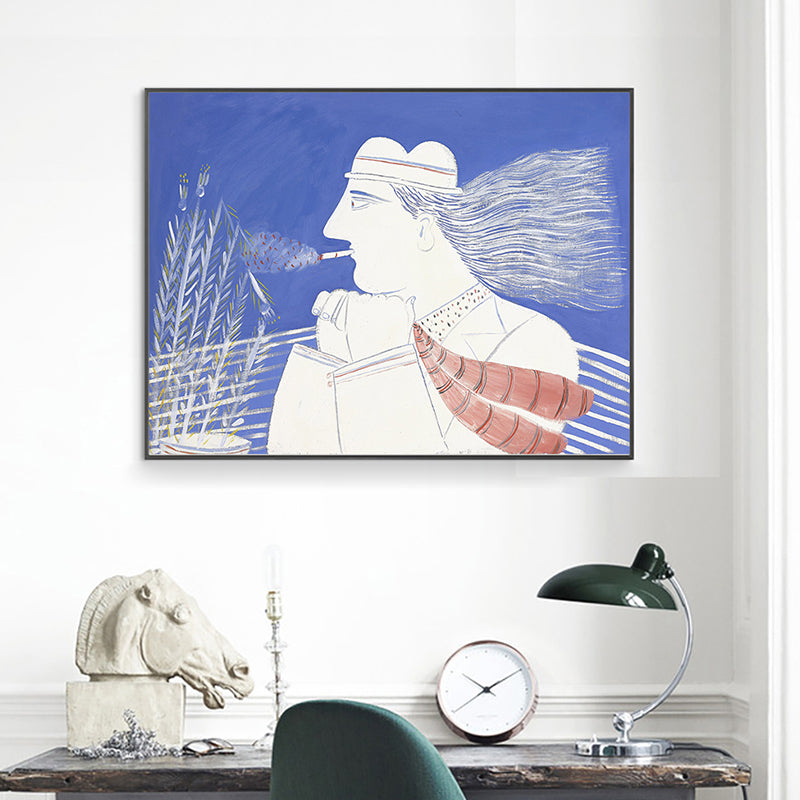 Blue Wheatfield Thinker Canvas Print Figure Drawing Nordic Textured Wall Art for Home