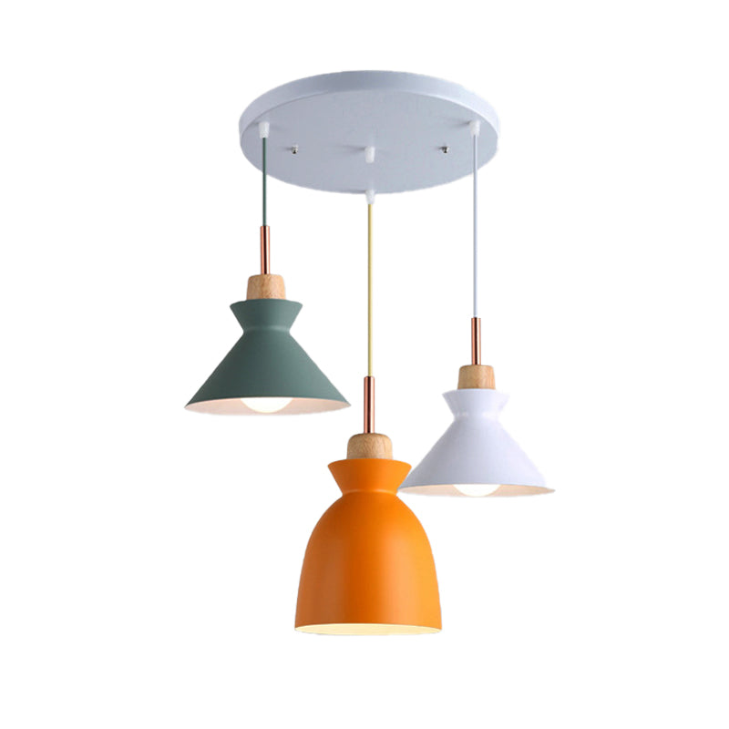 Multi-Color Cone and Dome Hanging Lighting Modern 3 Lights Metal Pendant Ceiling Light with Linear/Round Canopy