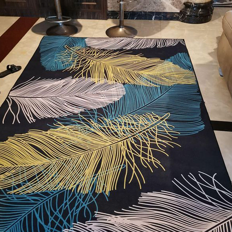 Stilvoller Blattmuster Teppich mit federgrün und blau moderner Teppich Polyester Nicht rutschfestes Rückenwaschableer Teppich für Wohnzimmer