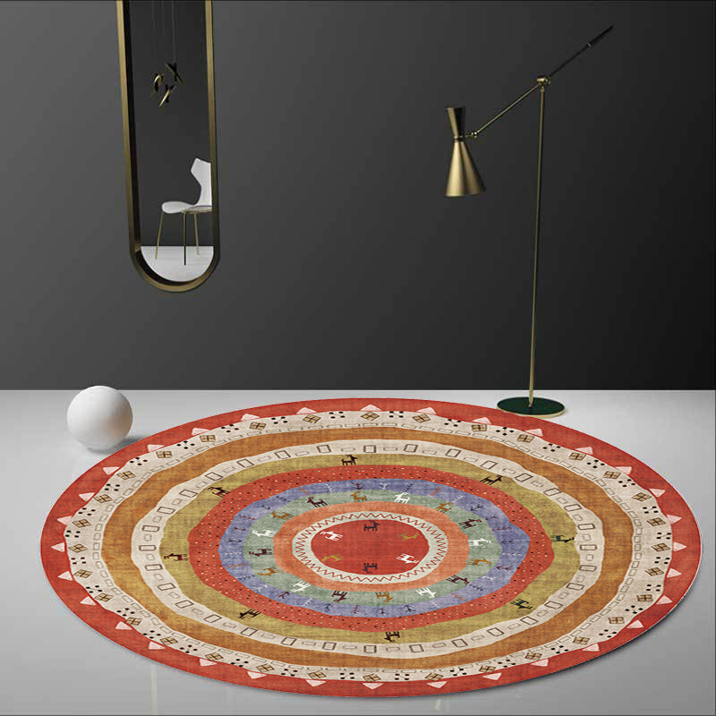 Retro Tribal Circles Pattern Rug Yellow and Red Polyester Rug Washable Pet Friendly Anti-Slip Carpet for Living Room