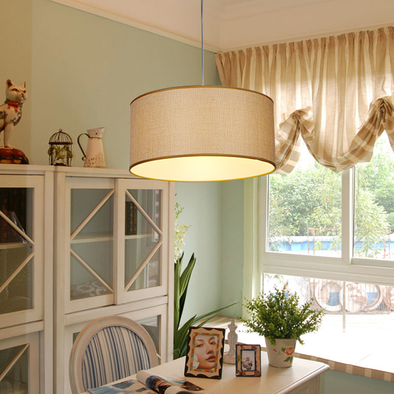 Drum Pendant Light Fixture Simple Fabric Beige LED Hanging Ceiling Light, 12"/16"/19.5" Dia