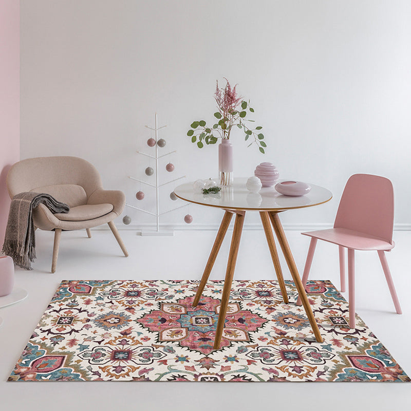 Traditional Tribal Flower Pattern Rug Multicolor Moroccan Rug Polyester Pet Friendly Non-Slip Backing Washable Area Rug for Living Room