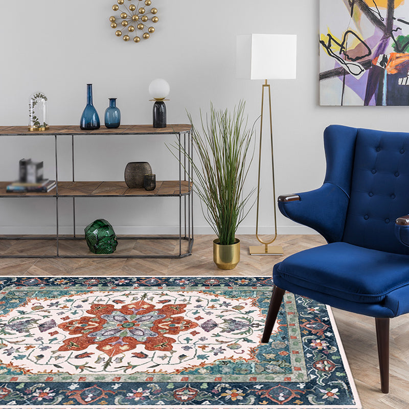 Traditional Tribal Flower Pattern Rug Multicolor Moroccan Rug Polyester Pet Friendly Non-Slip Backing Washable Area Rug for Living Room