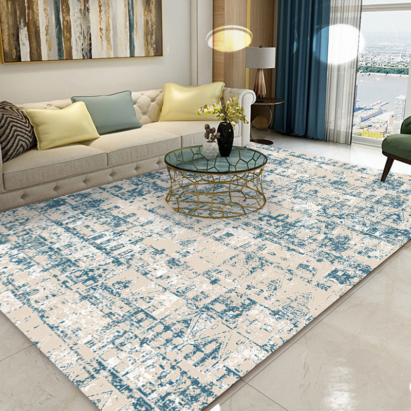 Shabby Chic Tribal Pattern Rug Blue Polyester Rug Washable Pet Friendly Anti-Slip Carpet for Living Room