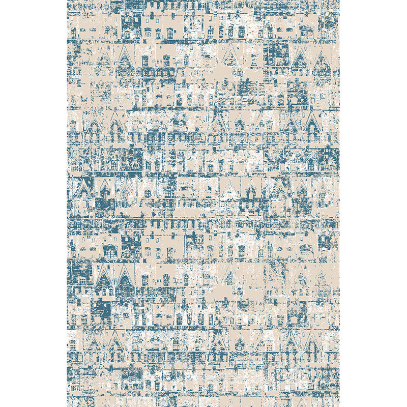 Shabby Chic Tribal Pattern Rug Blue Polyester Rug Washable Pet Friendly Anti-Slip Carpet for Living Room