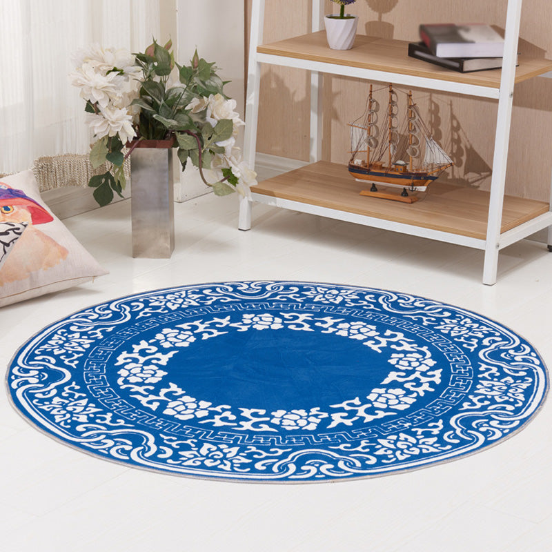 Vintage Blumenmuster Teppich Blau und schwarzer Polyester Teppich waschbarer Haustierfreundlicher Nicht-Schlupf-Fläche Teppich für Wohnzimmer