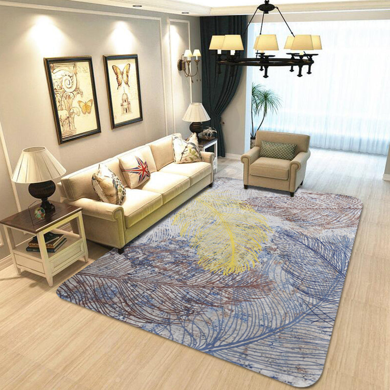 Yellow Shabby Chic Rug Polyester Feather Pattern Rug Machine Washable Anti-Slip Backing Carpet for Decoration