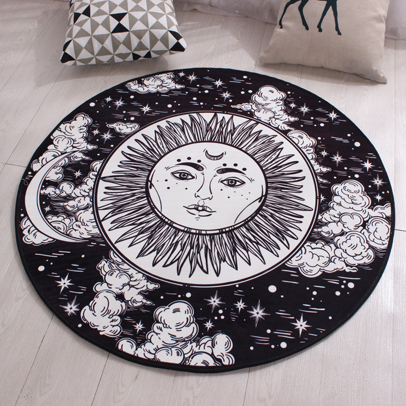 Moroccan Floral Pattern Rug with Moon Black and Red Polyester Rug Washable Pet Friendly Non-Slip Area Rug for Living Room