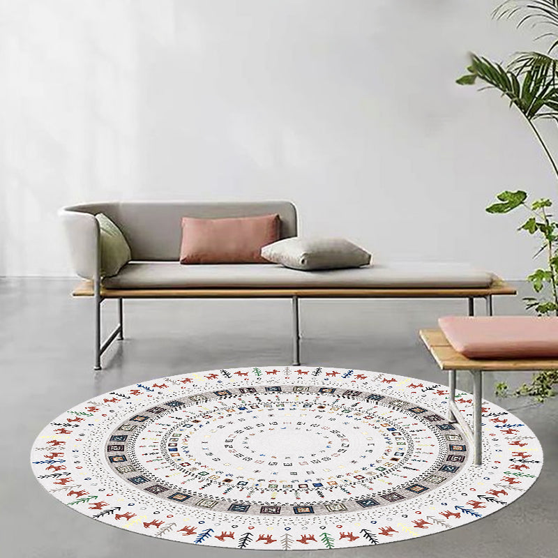 Stylish Tribal Circle Pattern Rug Grey Moroccan Rug Polyester Pet Friendly Non-Slip Backing Washable Area Rug for Living Room