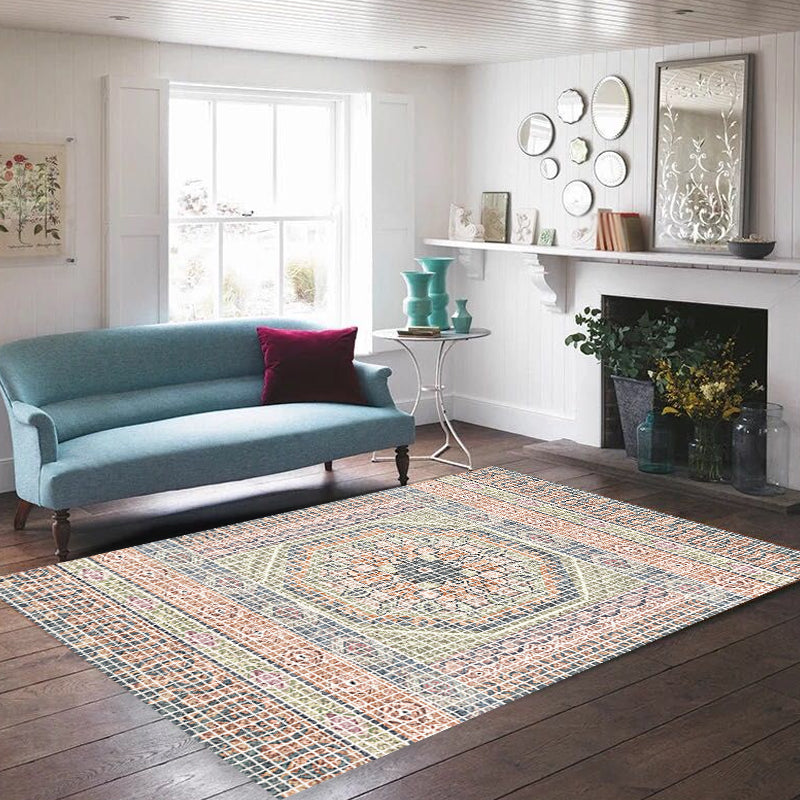 Bohemian Striped Pattern Rug with Flower Multicolor Polyester Rug Machine Washable Non-Slip Backing Area Rug for Living Room