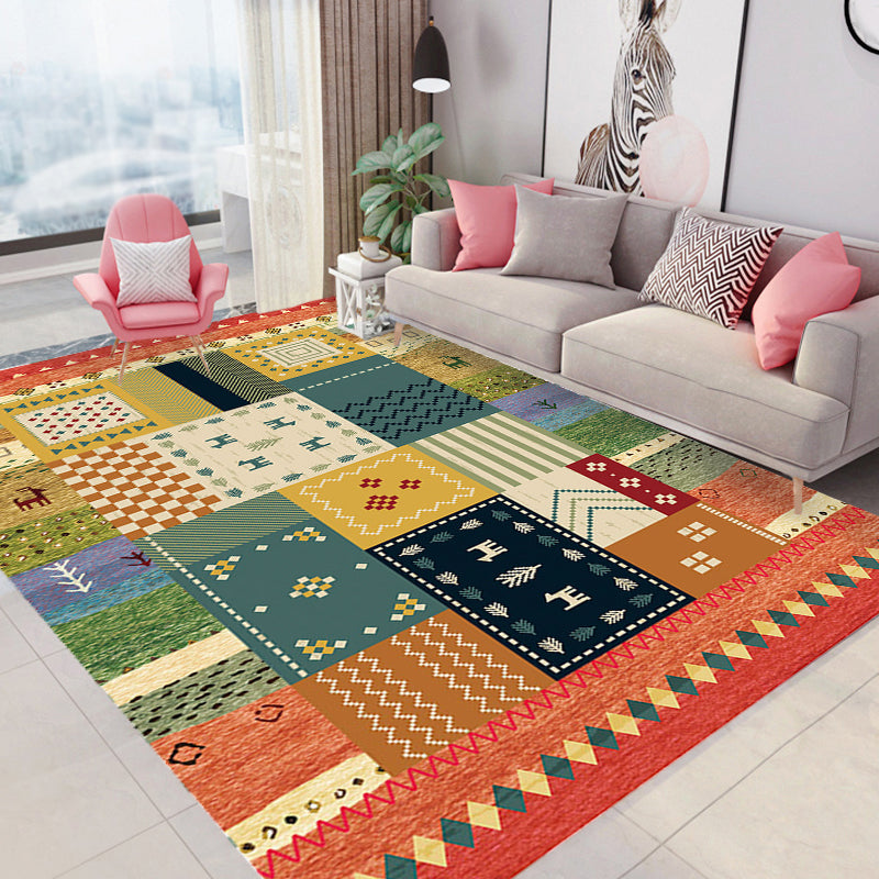 Bohemian Striped Pattern Rug with Flower Multicolor Polyester Rug Machine Washable Non-Slip Backing Area Rug for Living Room