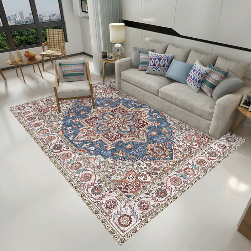 Retro Tribal Flower Pattern Rug Pink and Grey Polyester Rug Washable Pet Friendly Anti-Slip Carpet for Living Room