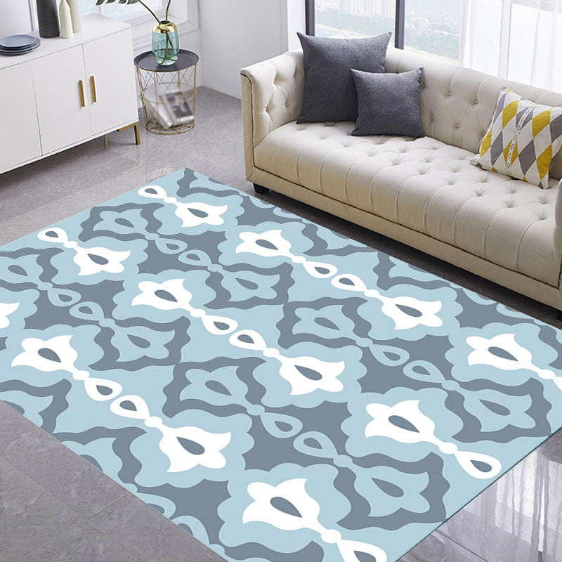 Retro Geometric Flower Pattern Rug Blue and Green Southwestern Rug Polyester Pet Friendly Non-Slip Backing Washable Area Rug for Living Room