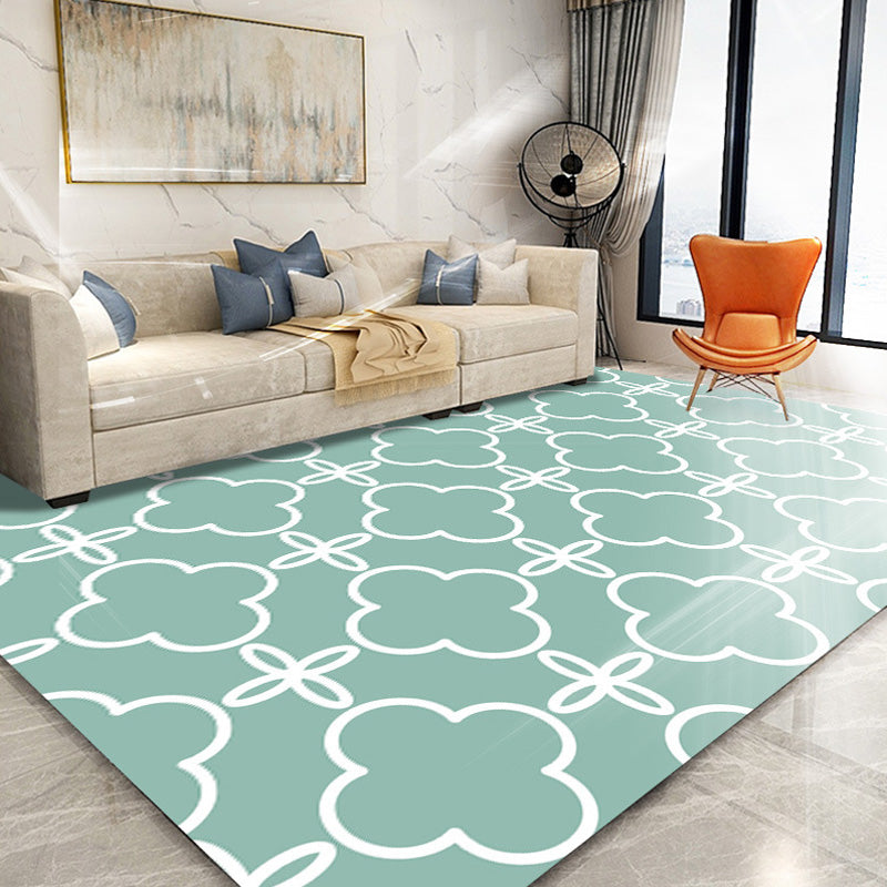 Retro Geometric Flower Pattern Rug Blue and Green Southwestern Rug Polyester Pet Friendly Non-Slip Backing Washable Area Rug for Living Room