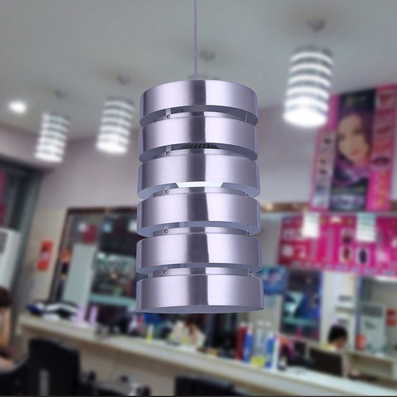 Kit de luz colgante de metal cilíndrico moderno 1 cabeza plateada colgante para comedor