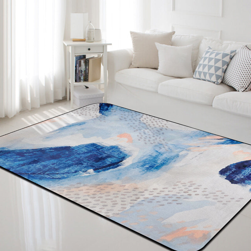 Unique Brushstroke Pattern Rug Blue Contemporary Rug Polyester Pet Friendly Non-Slip Backing Washable Area Rug for Living Room