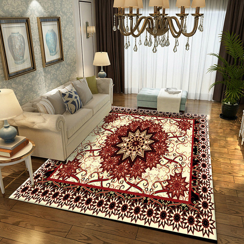 Brown Multicolor Vintage Rug Polyester Medallion Pattern Rug Pet Friendly Washable Anti-Slip Backing Carpet for Decoration