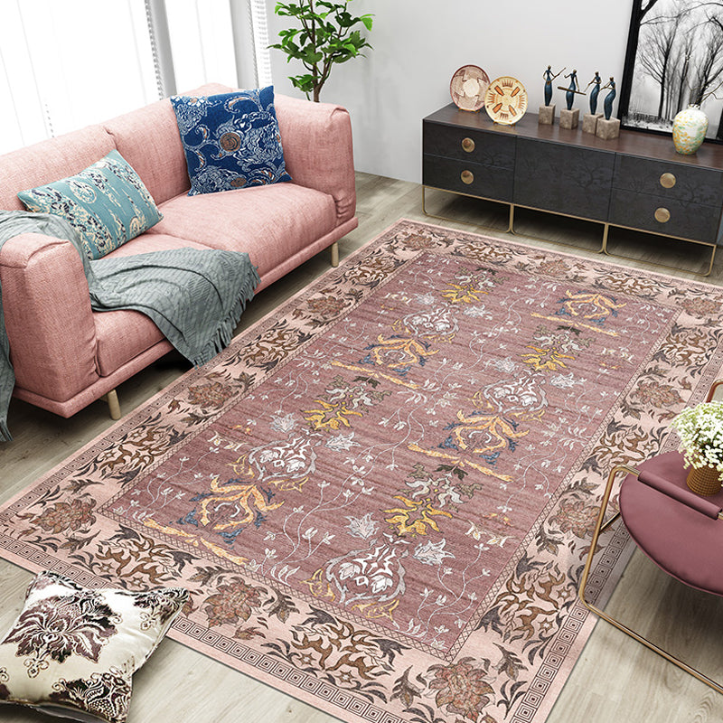 Pink Shabby Chic Rug Polyester Tribal Flower Pattern Rug Pet Friendly Washable Anti-Slip Backing Carpet for Decoration